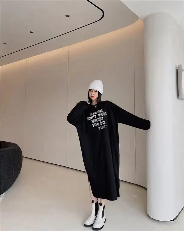 Lazy Person's Winter Sweatshirt Dress ❄️ Loose Casual Home & Outdoor Wear 👗 Personalized Letter Design 🌟
