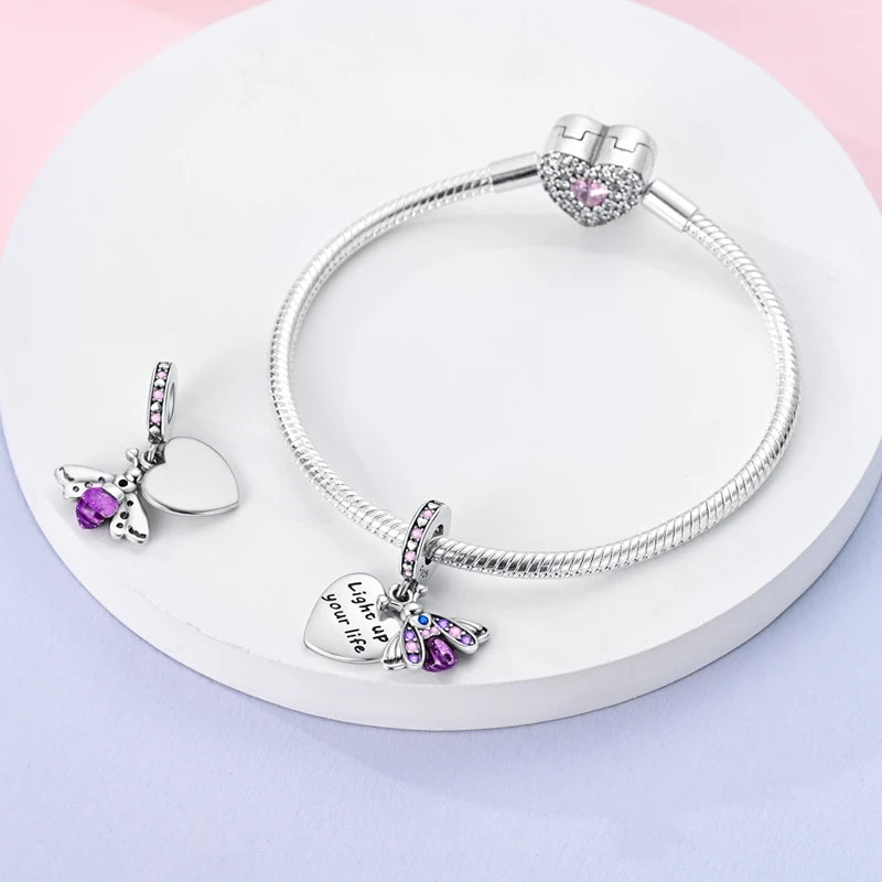 2025 Hot Sale 925 Sterling Silver Pink Butterfly Luminous Firefly Charm | Dangle Bead Fit Bracelet Necklace DIY Jewelry