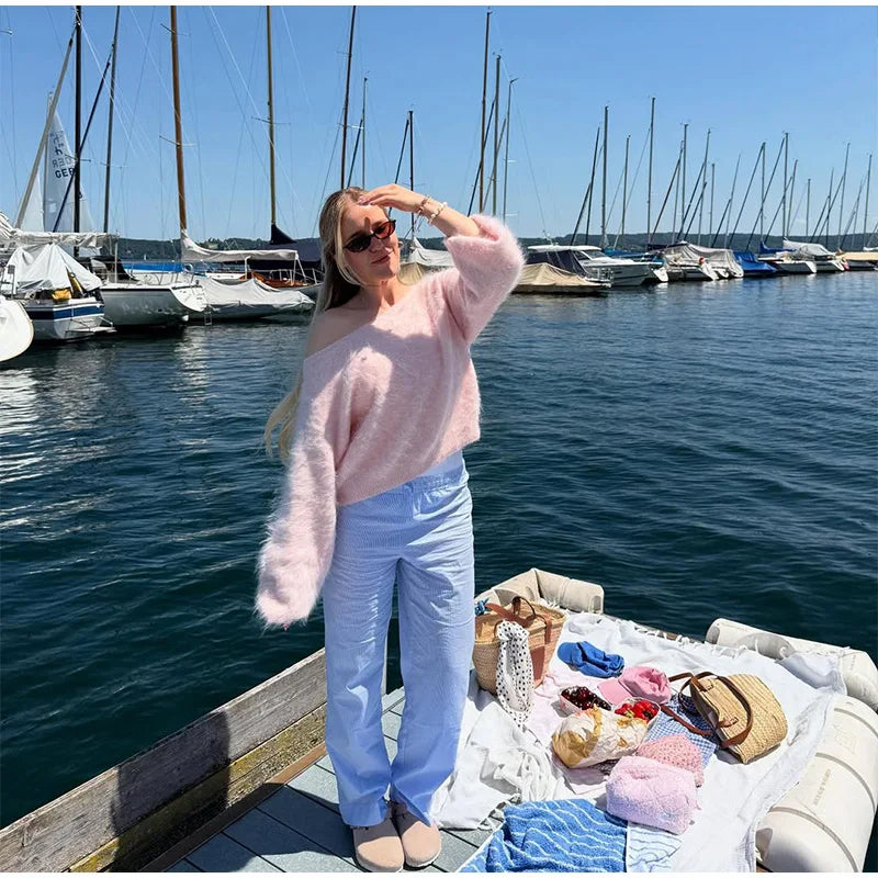 Women’s Off-Shoulder Mohair Sweater | Elegant Loose Knit Pullover for Autumn Fashion 2025