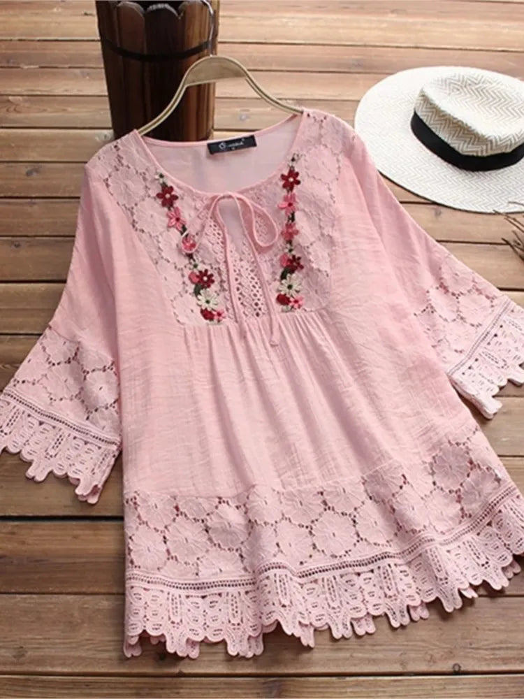 Summer Women Casual V-Neck Blouse – Cotton & Linen Lace Flower Loose Top 🌸☀️