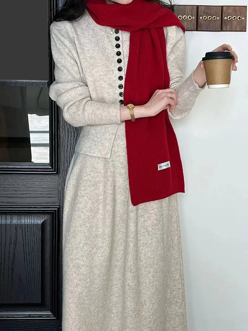 🍂 Soft Cozy Women’s Knitted Sweater & Cardigan Top 👚 Plus Dress Two-Piece Set ✨ Autumn Winter Long Sleeve Commute Wear