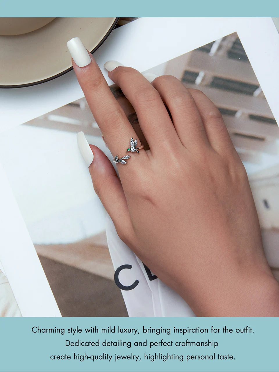 BISAER 925 Sterling Silver Floral Bird Open Ring | Adjustable White Gold Plated Flower Band for Women – Fine Party Jewelry