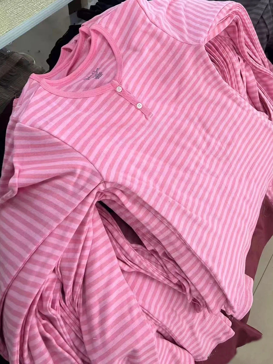 Women’s Pink Striped Slim Long Sleeve Tee | Casual Cotton O-Neck T-Shirt | Sweet Vintage Y2K Top