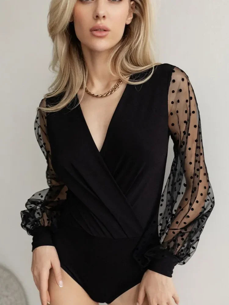 Women’s Spring/Summer Polka Dot Mesh Top – Balloon Sleeve Stretch Fabric Crossover Collar Long Sleeve ✨👚