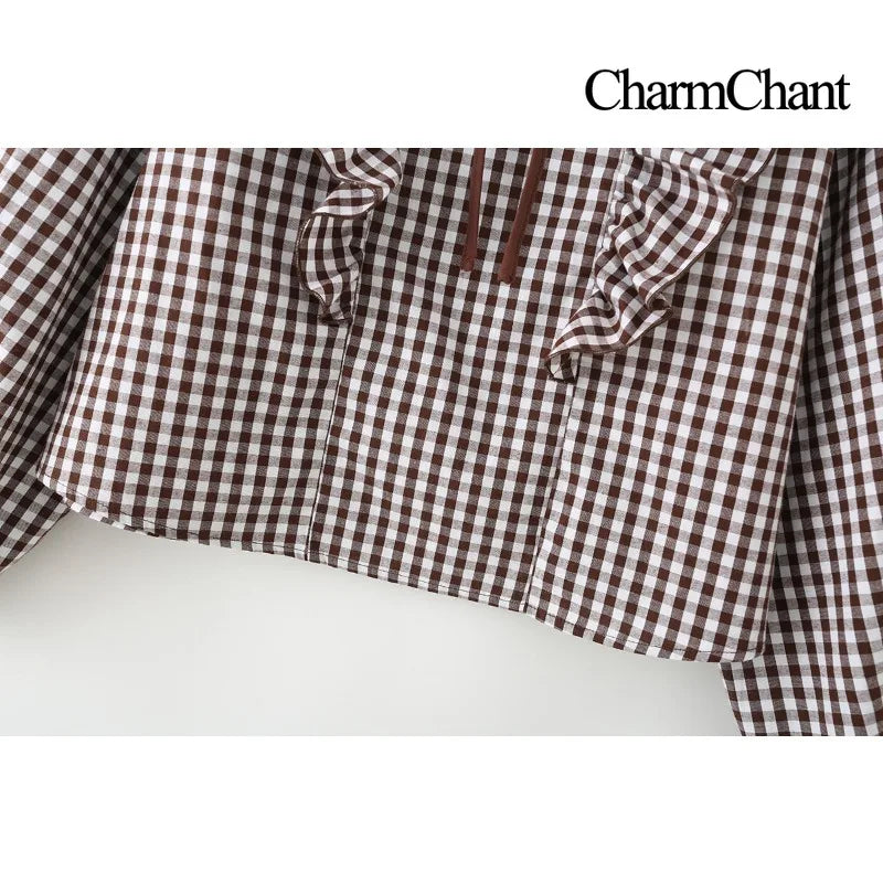 CharmChant Women’s Gingham Cropped Blouse 🌸 Ruffle Tie Neck Top ✨