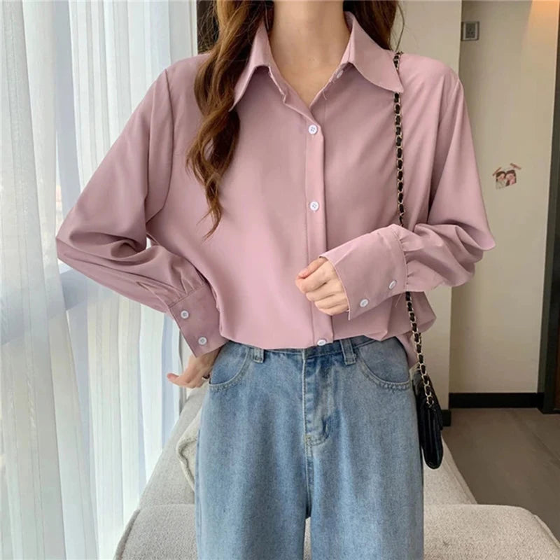 Women’s Chiffon White Shirt – Korean Fashion Loose Long Sleeve Elegant Office Blouse 🤍✨