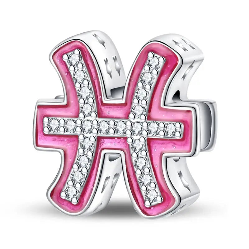 925 Sterling Silver Pink Zircon 12 Zodiac Signs Charms | Fit Original Pandora Bracelets DIY Jewelry Gift for Women