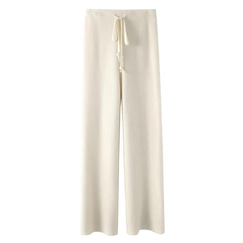 Elegant Women’s High Waist Wide-Leg Pants – Baggy Straight Knitted Trousers with Pockets