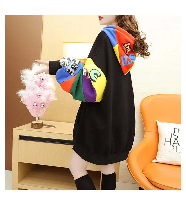 Plus Size Women’s Hoodie – Fleece-Lined Mid-Length Jacket | Autumn Winter Trendy Korean Style Long Sleeve Sweatshirt