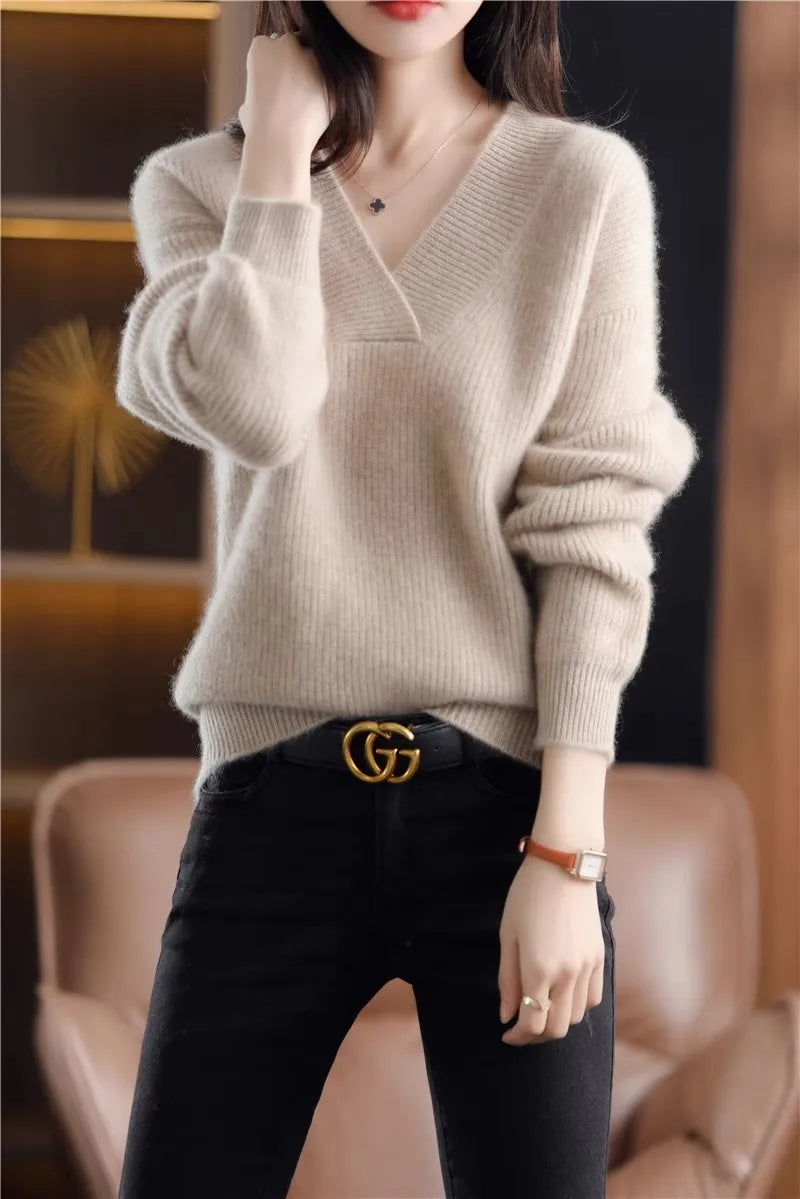 Autumn Winter Women’s V-Neck Knit Sweater – Solid Loose Pullover Soft Warm Casual Top