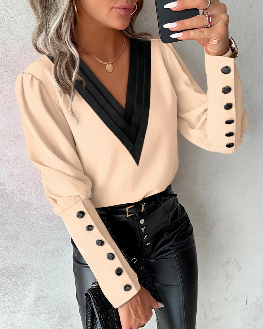 Office Ladies V-Neck Button Shirt – Spring Autumn 2024 Fashion Long Sleeve Blouse for Women