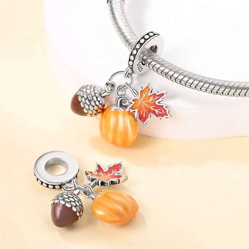 925 Sterling Silver Squirrel & Maple Leaf Charm | Shiny Zircon Autumn Beads Fit Pandora Bracelet DIY Jewelry