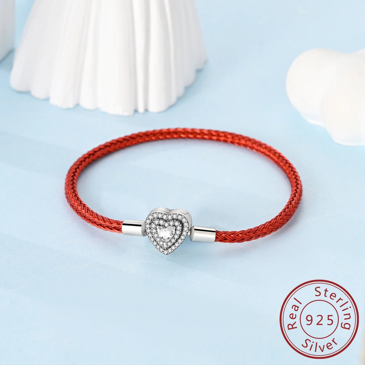 925 Sterling Silver Heart Shell Leather Rope Bracelet | Plait Design Fit Pandora Beads – Women’s Fashion Jewelry Gift