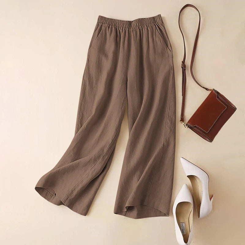 ZANZEA 2025 Women’s Cotton Linen Wide-Leg Pants | Summer Casual Elastic Waist Palazzo Trousers