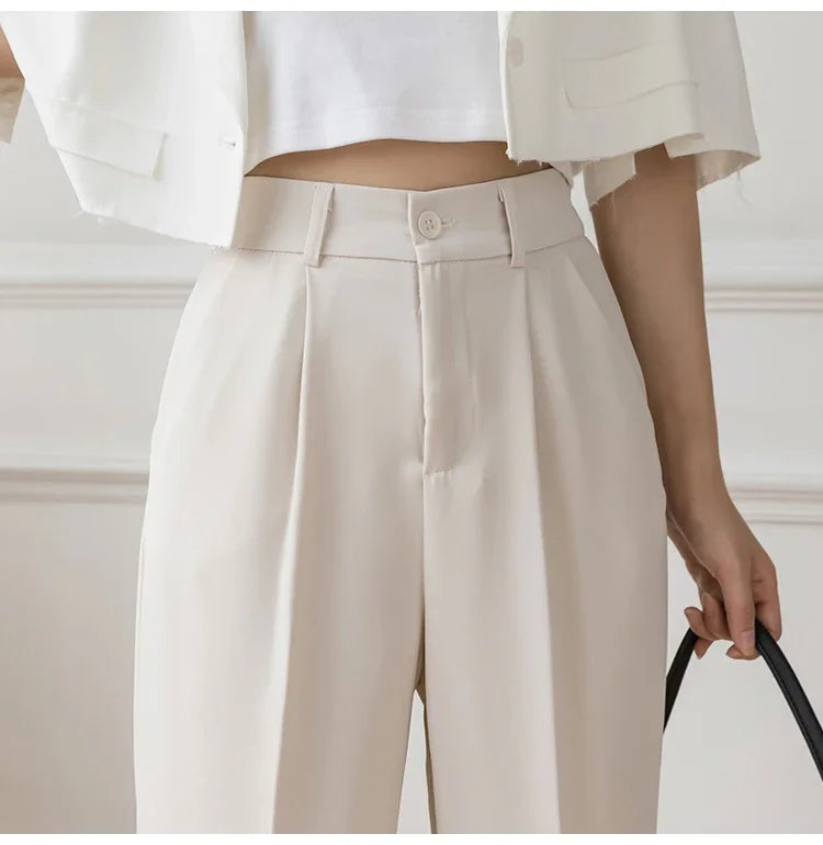 Women’s High Waist Suit Pants | Summer Black Harem Business Pants | Korean Style Pocket Thin Nine-Point Trousers