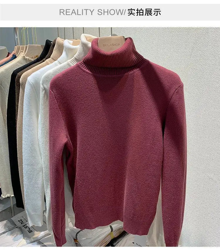 2025 Women’s High Collar Pullover Sweater – Thick Warm Soft Winter Top | Solid Color Bottoming Shirt