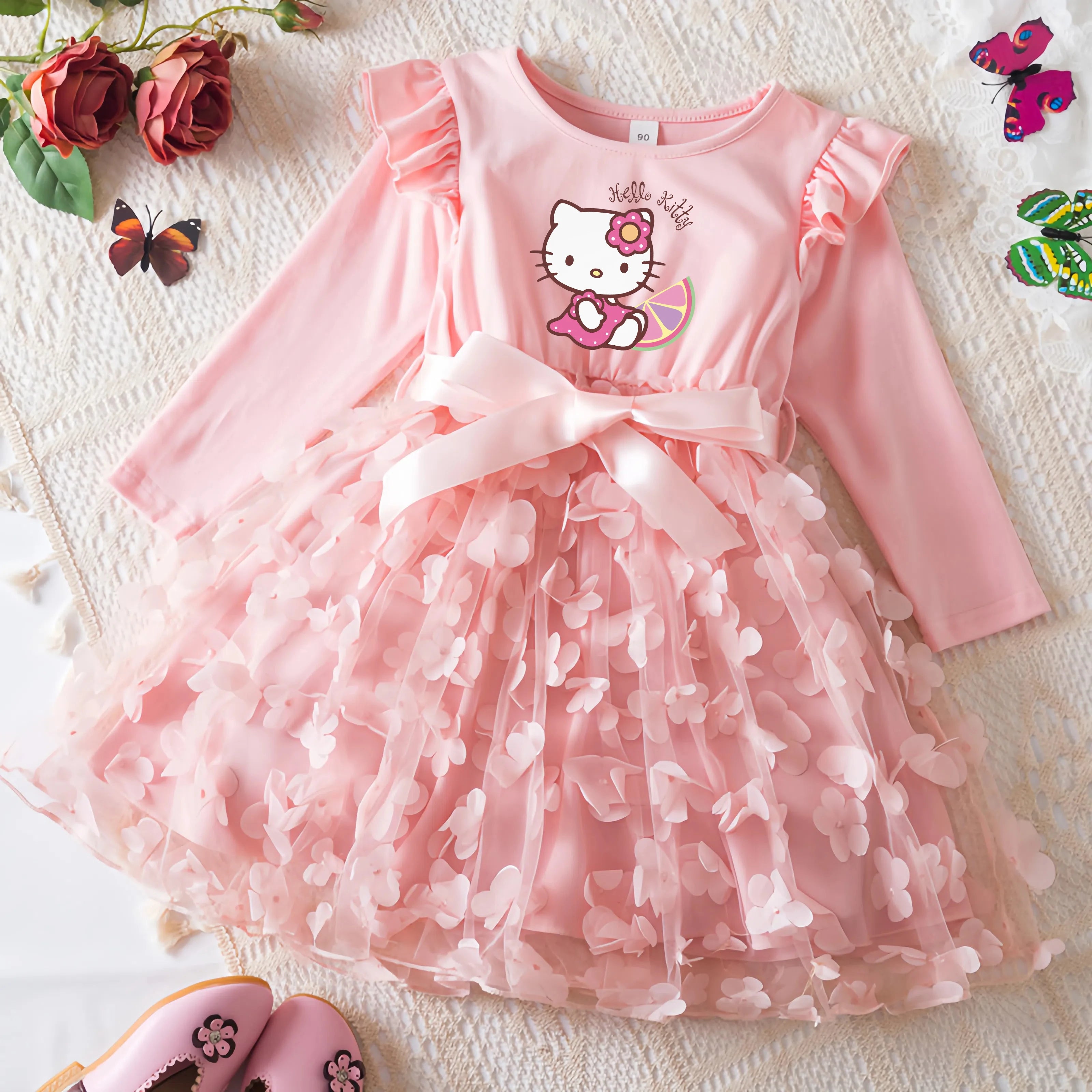 Hello Kitty Fall Girl Dress 3D Butterfly Casual Dresses Kids Birthday Princess Dress Long Sleeve Baby Girls Clothes 2-6Y