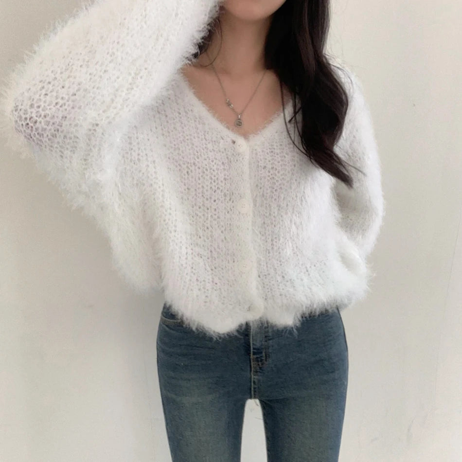 Chic V-Neck Knitted Sweater Coat for Women 🧥✨ Faux Fur Lazy Style Cardigan 💖 Autumn Winter Fashion Outerwear