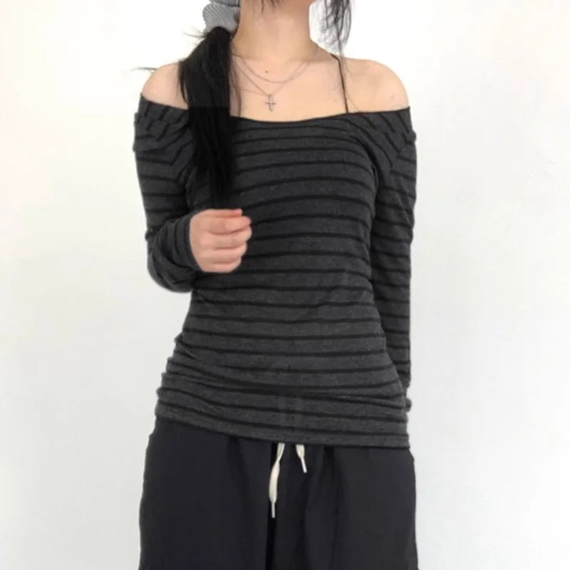 Y2K Grunge Emo Vintage Striped Off Shoulder Long Sleeve Top for Women – Black Grey Retro Goth Tee