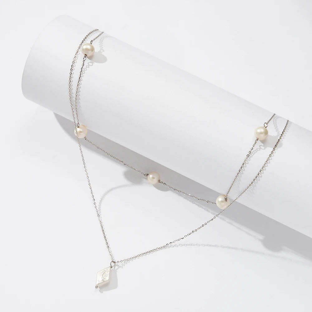 Rinntin 925 Sterling Silver Layered Natural Pearl Necklace | Geometric Pendant Luxury Jewelry