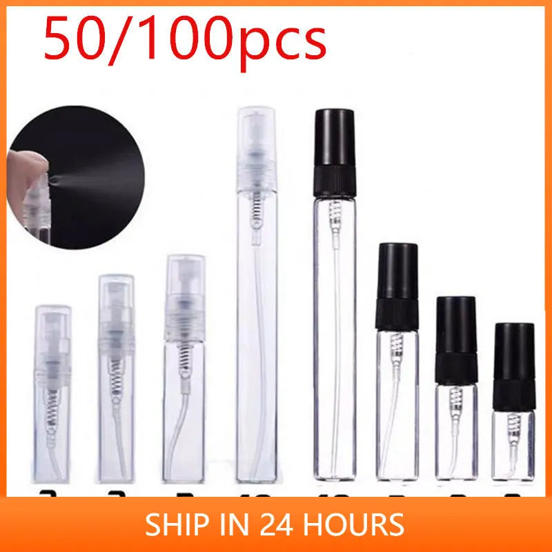 50/100PCS Mini Glass Perfume Bottles – 2ML/5ML/10ML Black & Clear | Portable Empty Cosmetic Sample Vials Wholesale