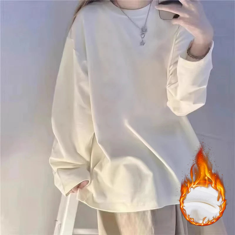 White Fleece-Lined Loose Long Sleeve Women’s T-Shirt – Slimming Base Layer Korean Style Commute Top