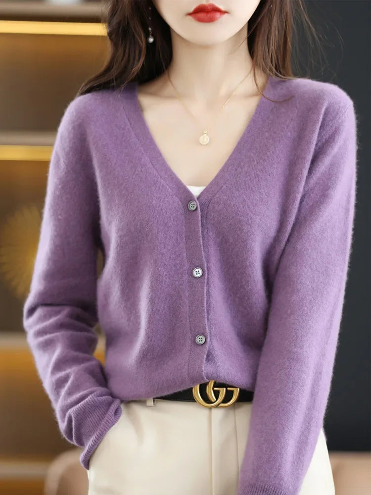 Women Cardigans V-Neck Long Sleeve Knitted Outerwear – Korean Fashion Solid Thin Spring Autumn Sweater