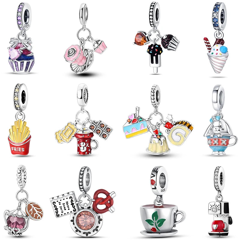 925 Sterling Silver Dessert Afternoon Tea Charm – Coffee, Cake, Pizza & Fries Beads Fit Original Pandora Bracelet DIY Jewelry