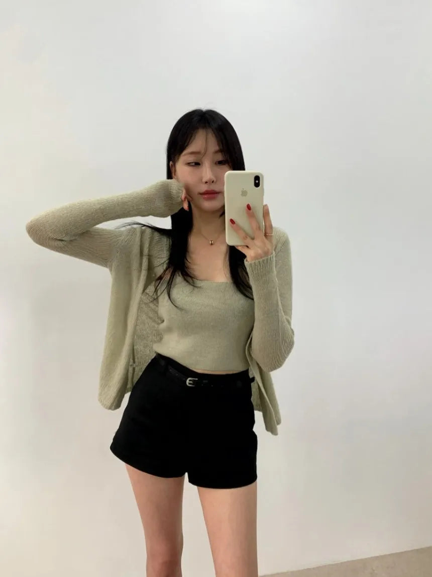 Simple round Ne Button up Knit Sweater Strap Set Casual Sle Polyester Fiber Open Cardigan for Women Autumn Winter ential