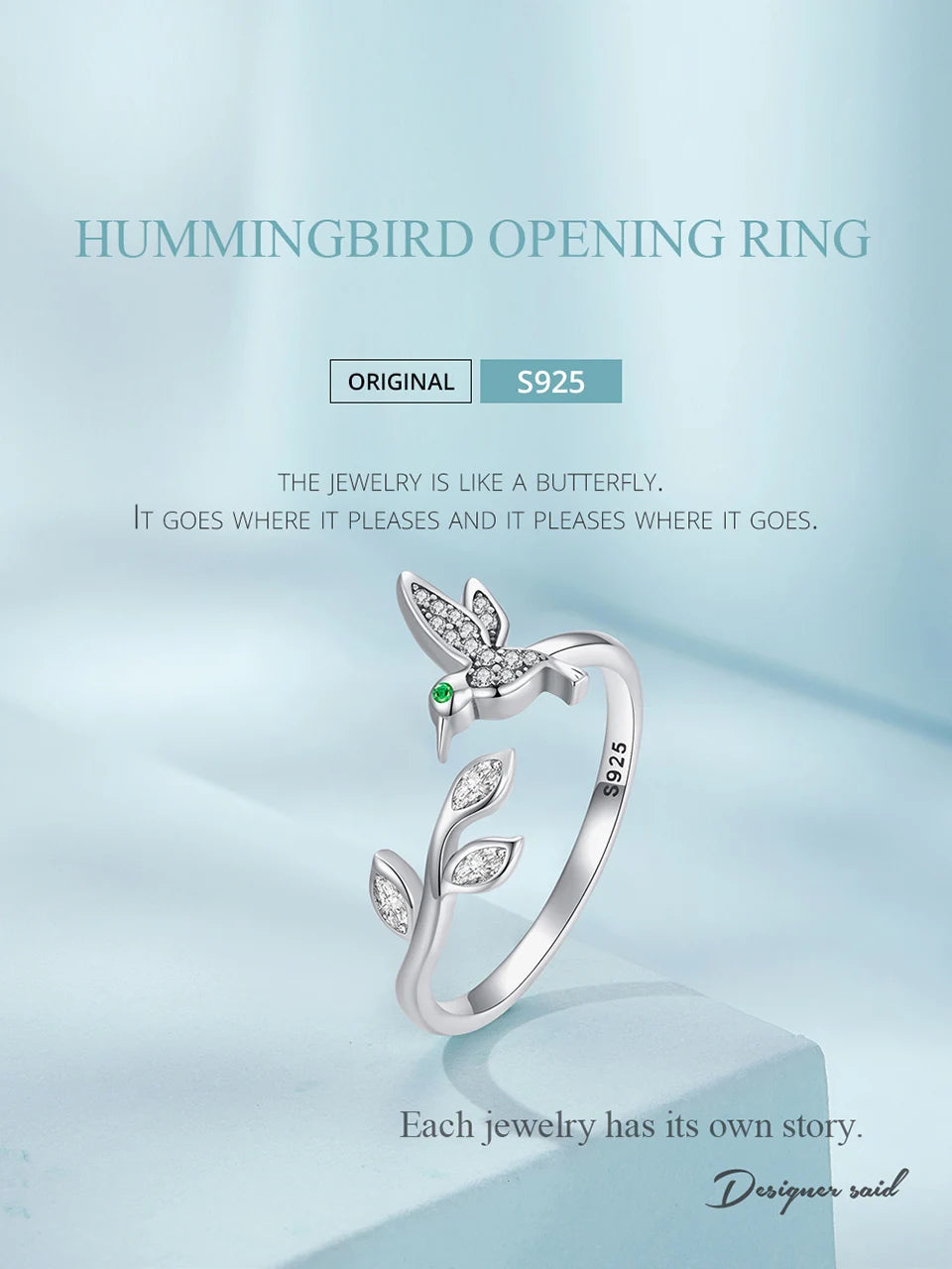 BISAER 925 Sterling Silver Floral Bird Open Ring | Adjustable White Gold Plated Flower Band for Women – Fine Party Jewelry