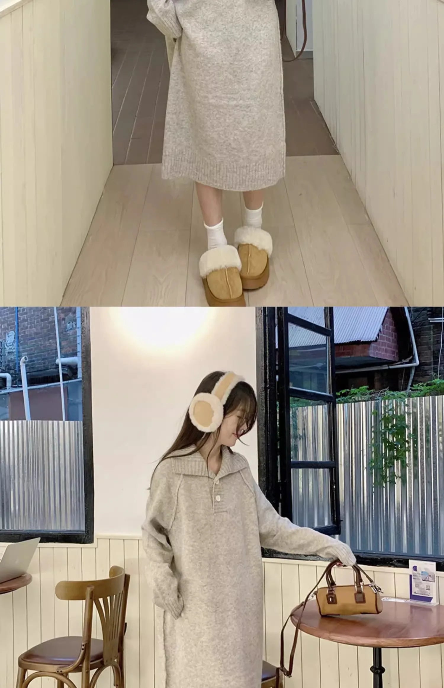 Women’s V-Neck Knitted Dress – Loose Fit Mid-Length Knee-Over Sweater Dress, Autumn Winter Base Layer Inner Wear