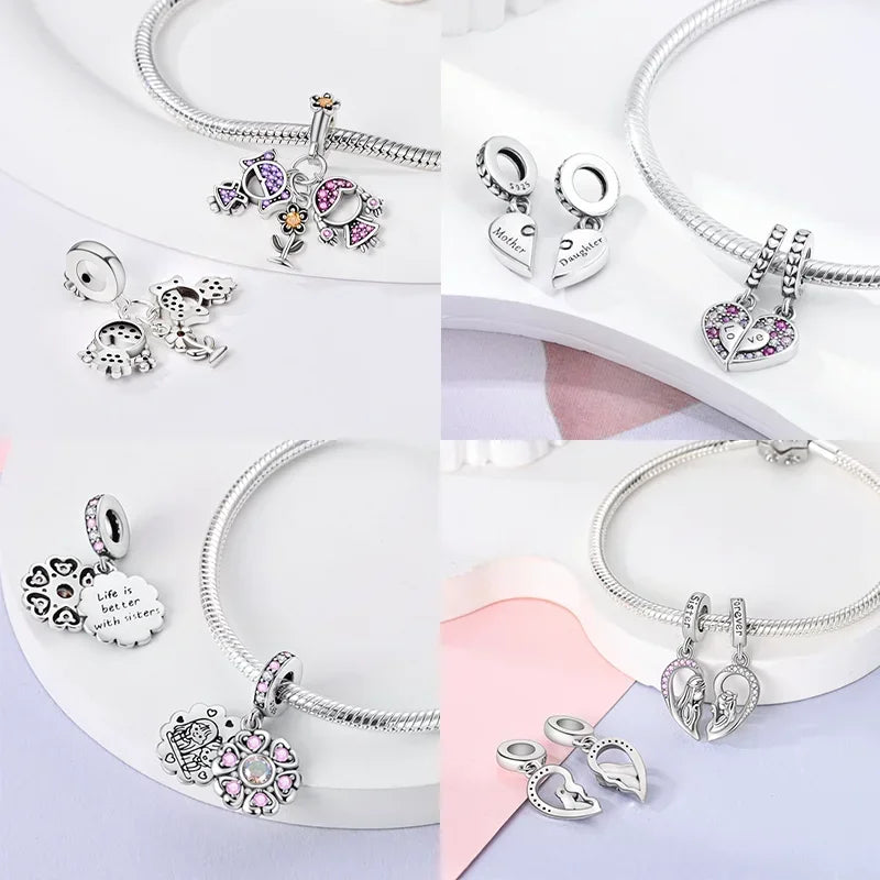 S925 Silver Forever Love Family Sister Heart Charm – Fit Original Bracelet DIY Jewelry Gift for Women & Friends