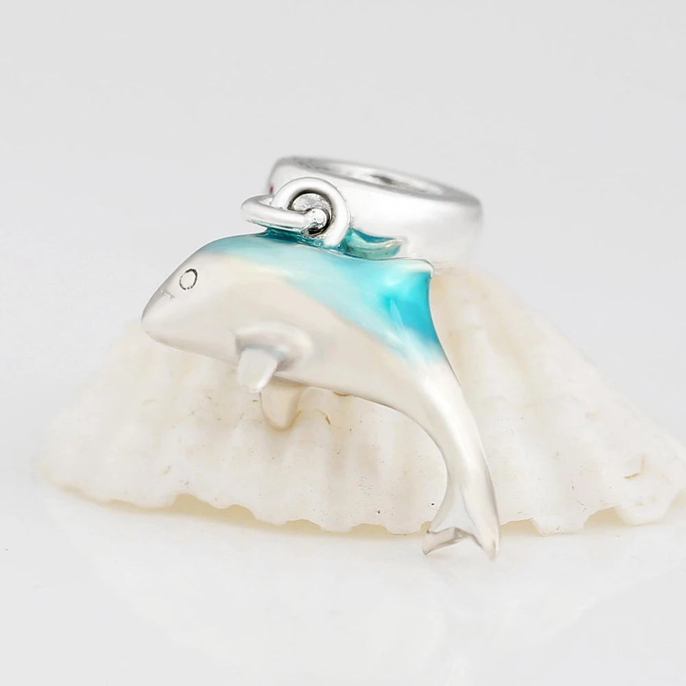 925 Sterling Silver Blue Planet & Dolphin Galaxy Dangle Charm | Women’s Bracelet DIY Jewelry