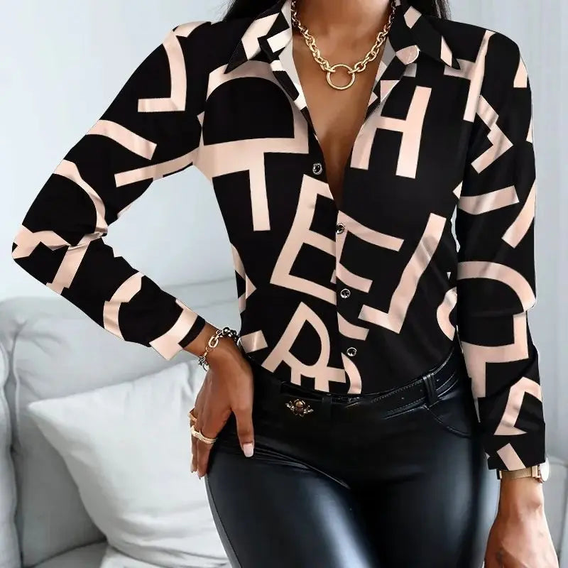 Elegant Women’s Digital Print Blouse – Spring Summer Slim Fit Office Commuter Shirt ✨👚
