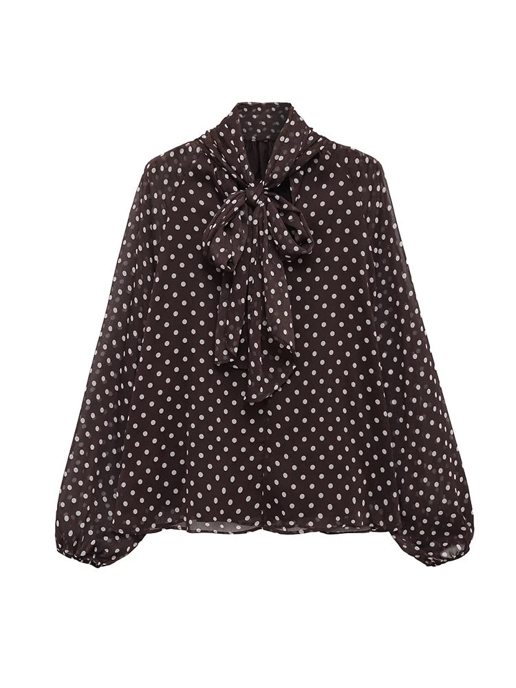 Women’s Vintage Polka Dot Blouse – Bow Detail Long Sleeve Casual Elegant Top 👚✨