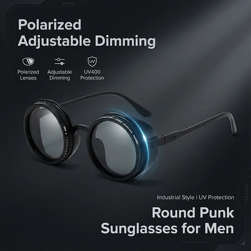 Polarized Adjustable Dimming Round Punk Sunglasses for Men – 2025 Luxury Brand Vintage Steampunk Sun Glasses | UV400 Shades