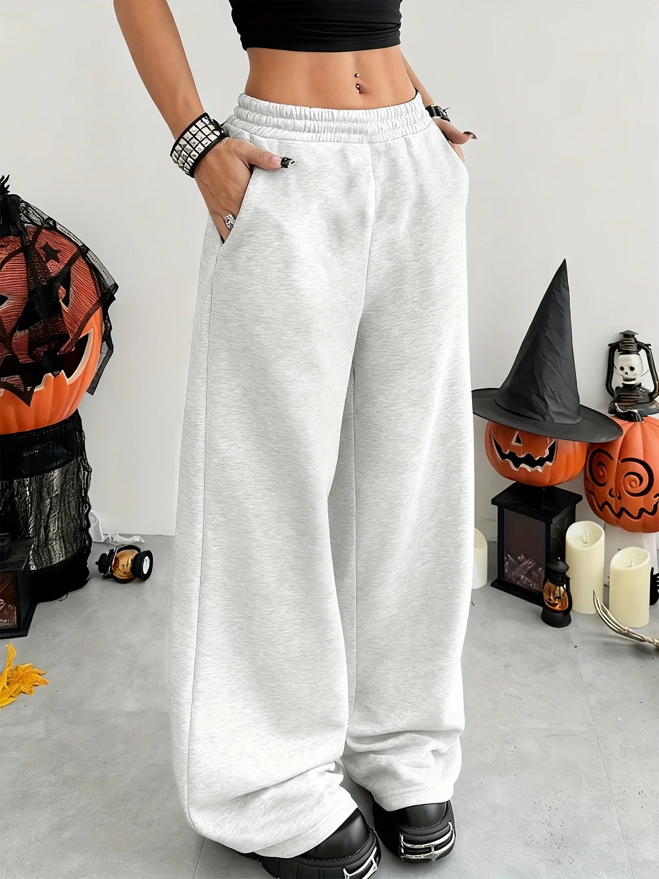 Women’s Casual Wide-Leg Joggers – Elastic Waist Pockets Stretchy Comfort Pants