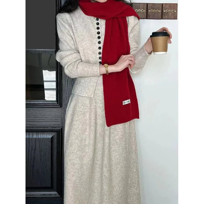 🍂 Soft Cozy Women’s Knitted Sweater & Cardigan Top 👚 Plus Dress Two-Piece Set ✨ Autumn Winter Long Sleeve Commute Wear