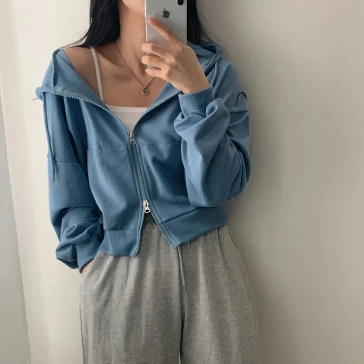 Chic Early Autumn Casual Long Sleeve Hoodie – Double Zipper Loose Versatile Cotton Pullover | Pure Color Commute Wear