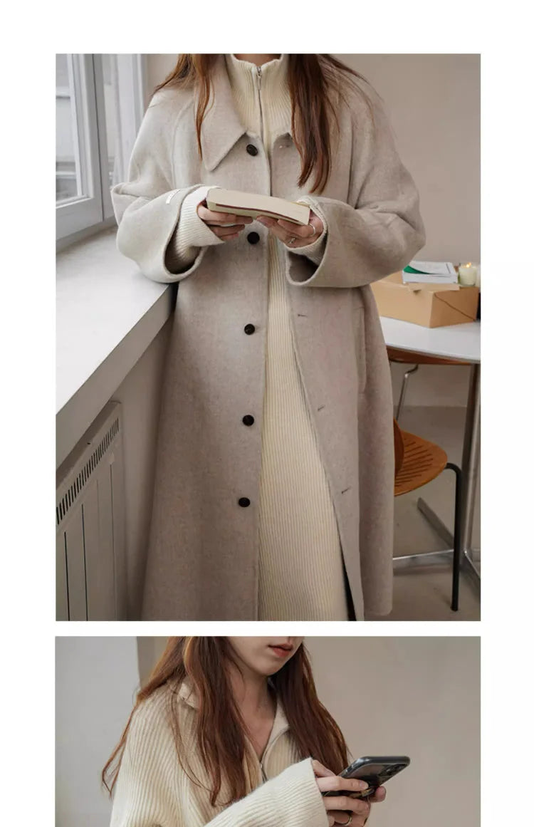 Plus Size Women's Knitted Midi Dress – Casual Loose Waist H-Shape Straight Tube Skirt, Long Sleeve Pure Color Polyester Fiber
