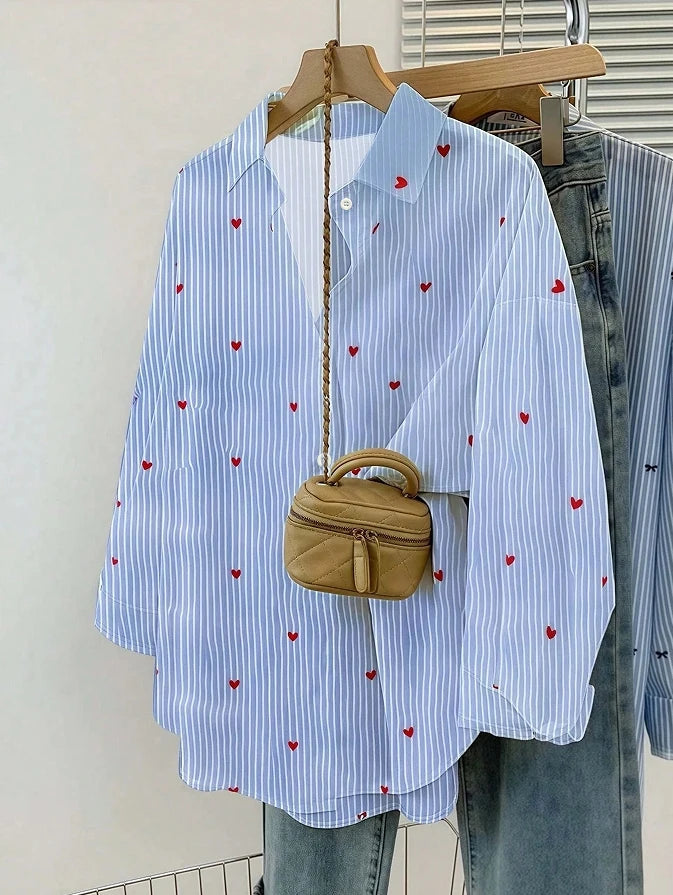 European & American Striped Long Sleeve Women’s Shirt – Autumn Commuter Blue Cardigan Style Top 👚✨