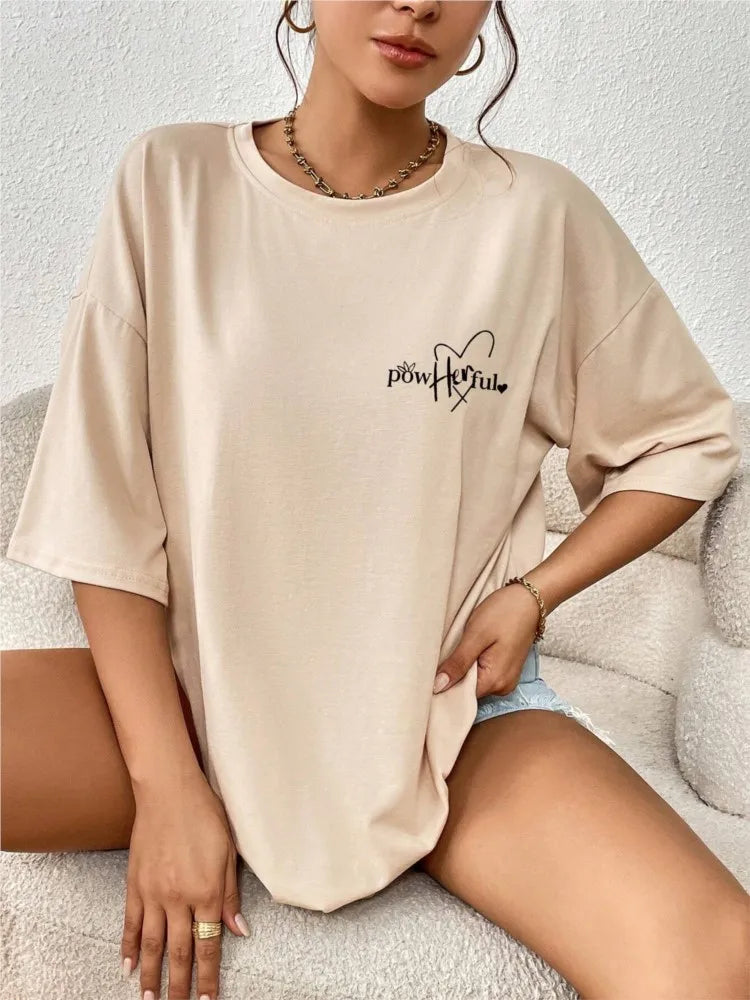 Women’s Cotton Slogan T-Shirt | Powerful Letter Print Streetwear Casual Loose Top for Spring & Summer