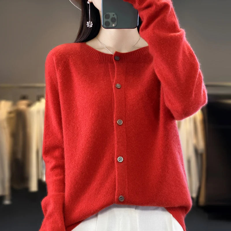 Women’s 100% Pure Wool Loose Cardigan – Autumn Winter Round Neck Solid Color Top 🍂🧶