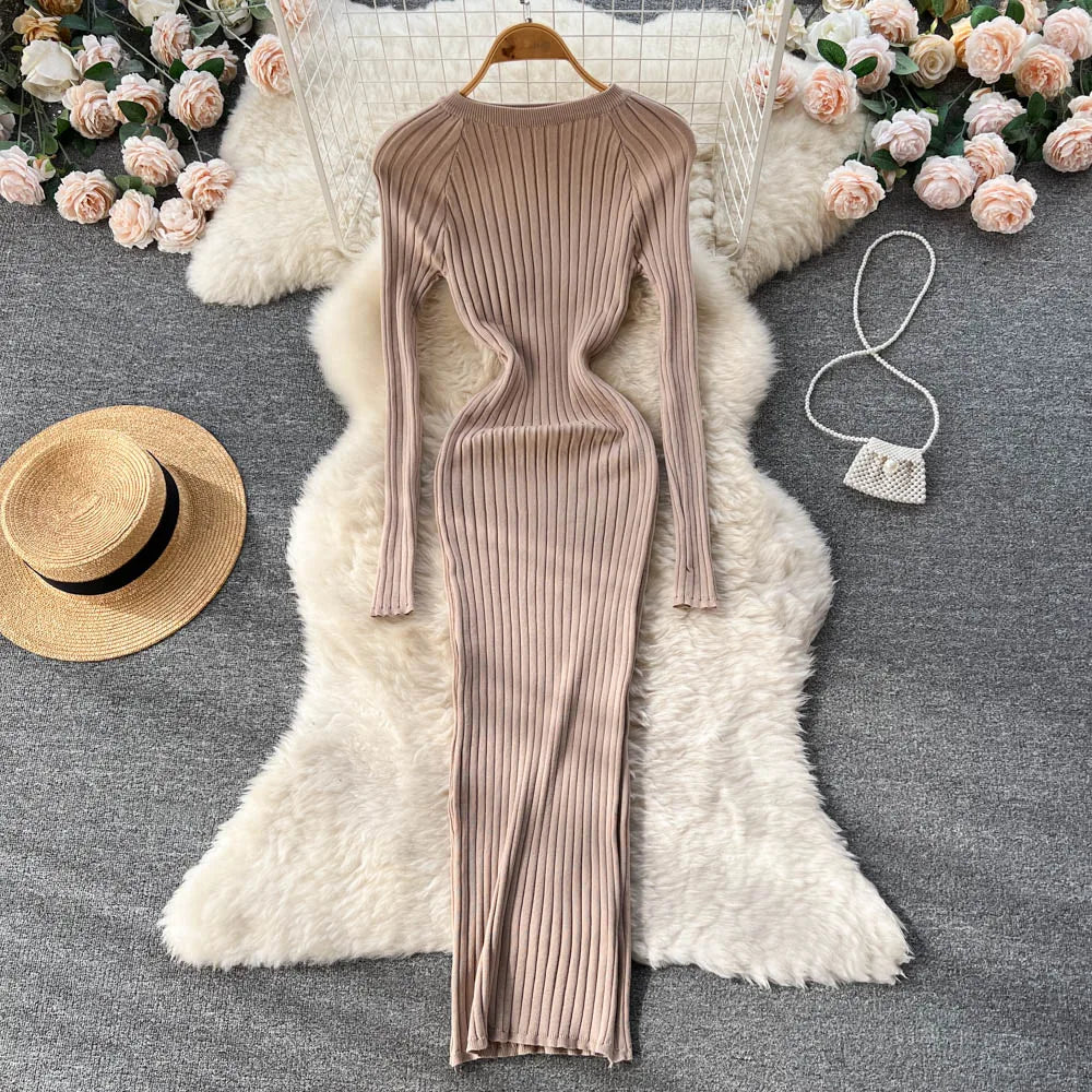 SINGREINY Winter Women’s Knit Maxi Dress – Slim Solid O-Neck Long Sleeve Pencil Sweater Dress | Autumn Harajuku Fashion