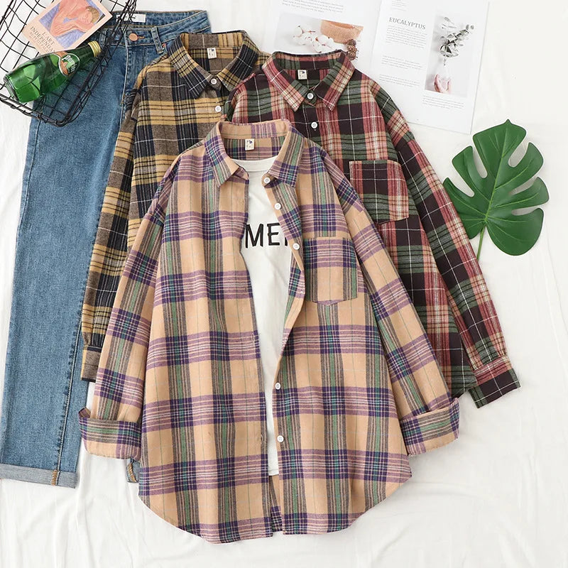 Women’s Plaid Shirt | Spring Autumn Long Sleeve Blouse | Casual Cotton Checkered Top