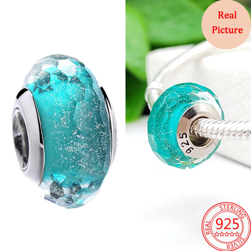 925 Sterling Silver Murano Glass Galaxy & Clover Heart Beads | Fit Pandora Bracelet DIY Jewelry Gift for Mum