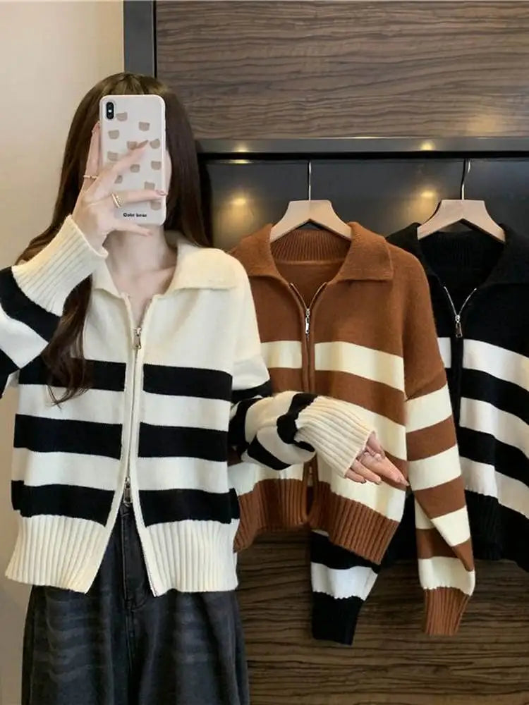 🔥 Retro American Spicy Long Sleeve Sweater for Women 🍂 Winter Loose Fit Knit Top | Unique Stripe Lazy Style Pullover ❄️
