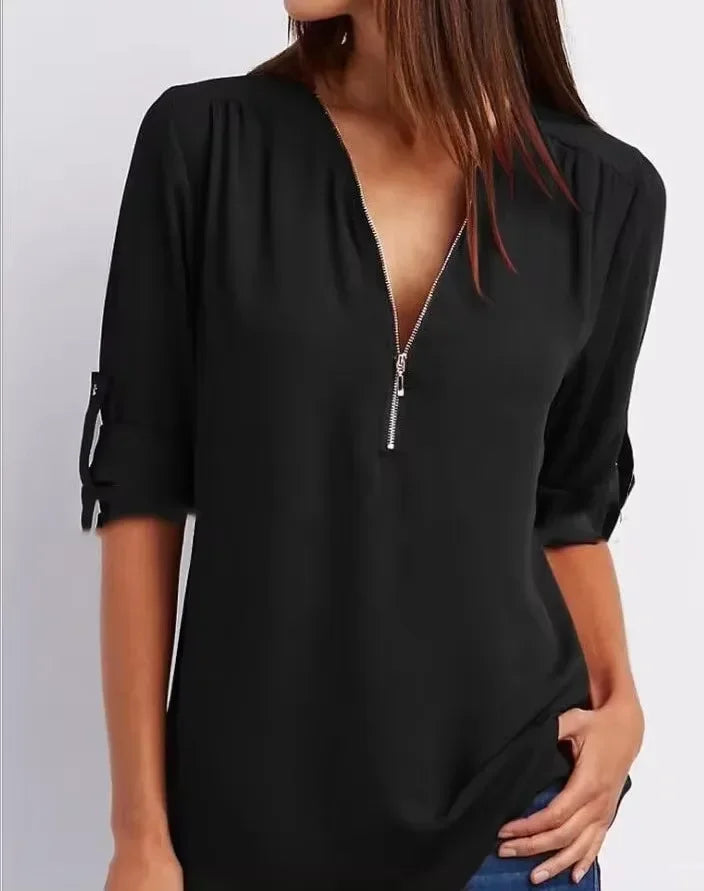 2025 Women’s Chiffon Blouse | Sexy Deep V-Neck Zipper Pullover Loose Fashion Top Plus Size
