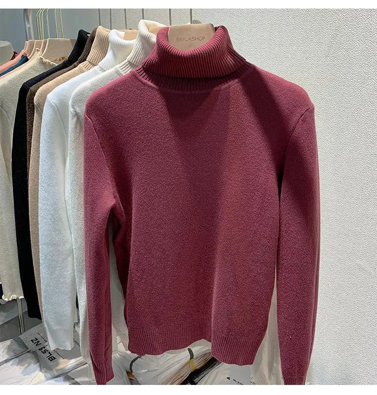 2025 Women’s High Collar Pullover Sweater – Thick Warm Soft Winter Top | Solid Color Bottoming Shirt