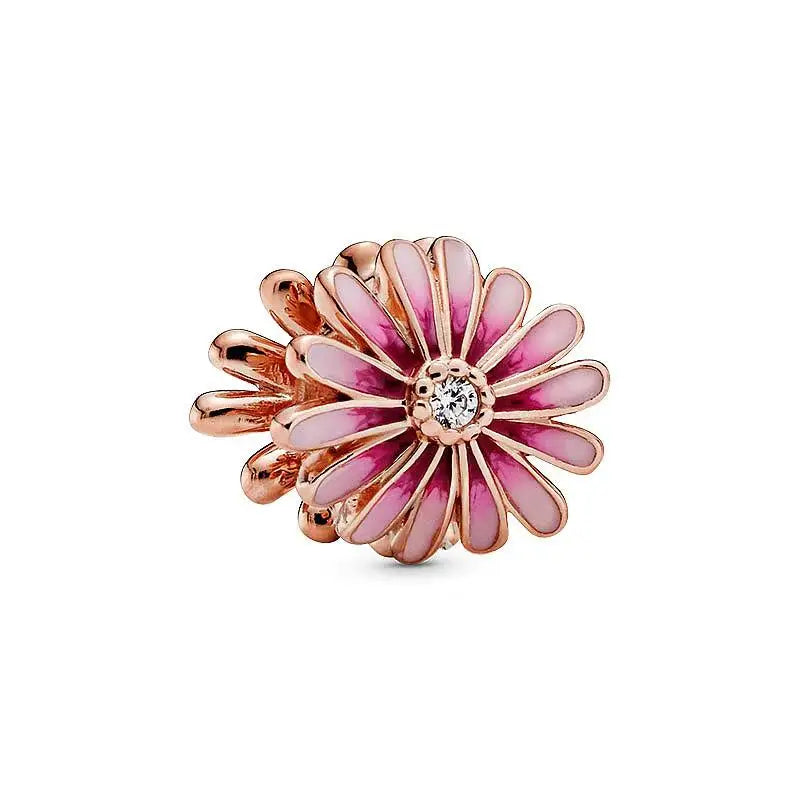 925 Sterling Silver Rose Gold Pink Daisy Charm – Zircon Bead Fit Pandora Bracelet Luxury Jewelry Gift for Women